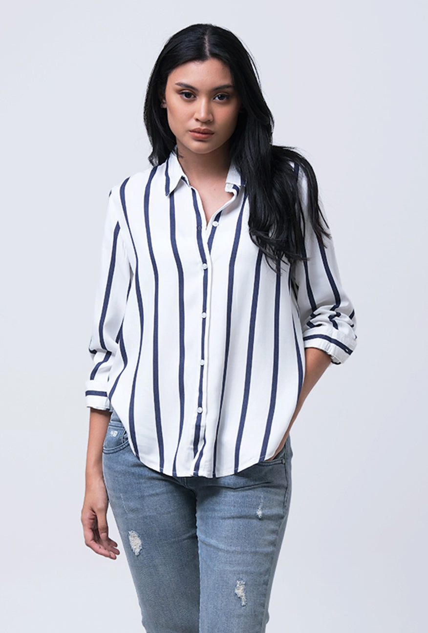Kemeja Lengan Panjang Lana Offwhite Navy