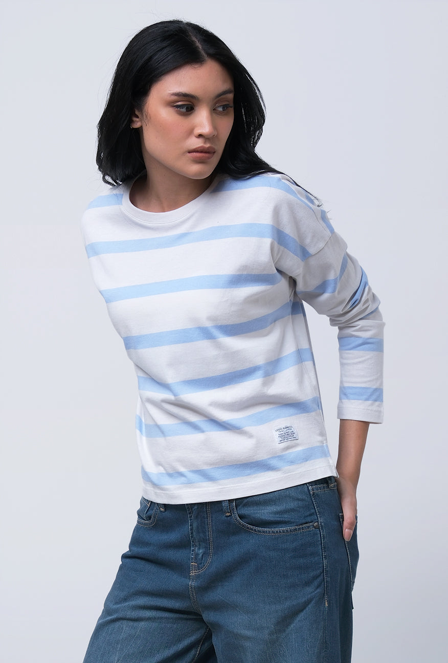 T-Shirt Lengan Panjang Godiva Blue White Stripe