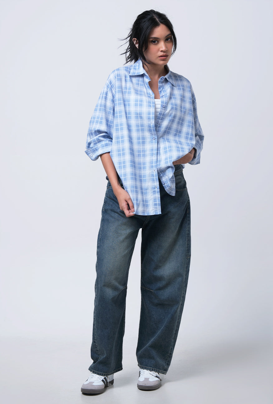 Kemeja Lengan Panjang Thinesa Blue White