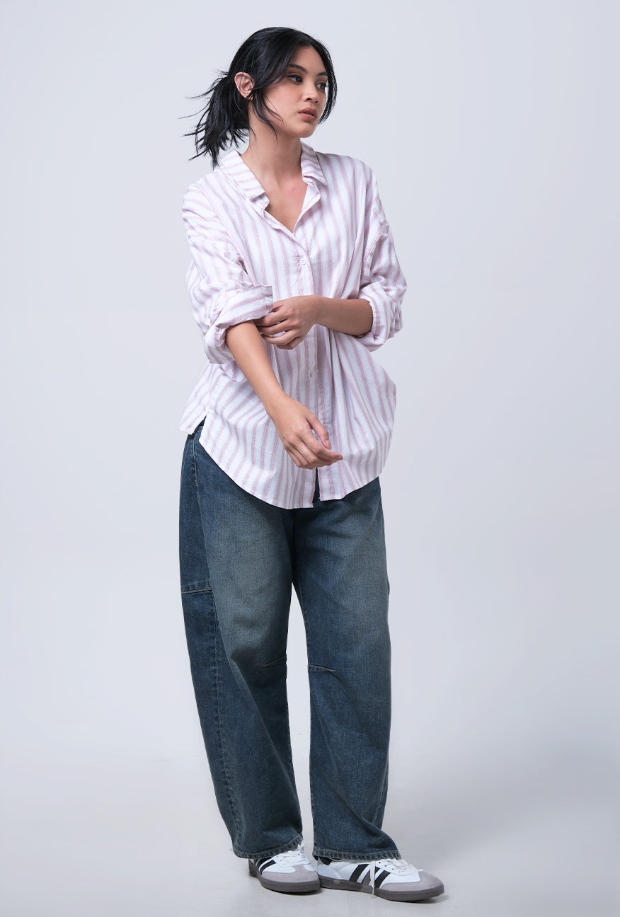 Kemeja Lengan Panjang Pinka Pink White