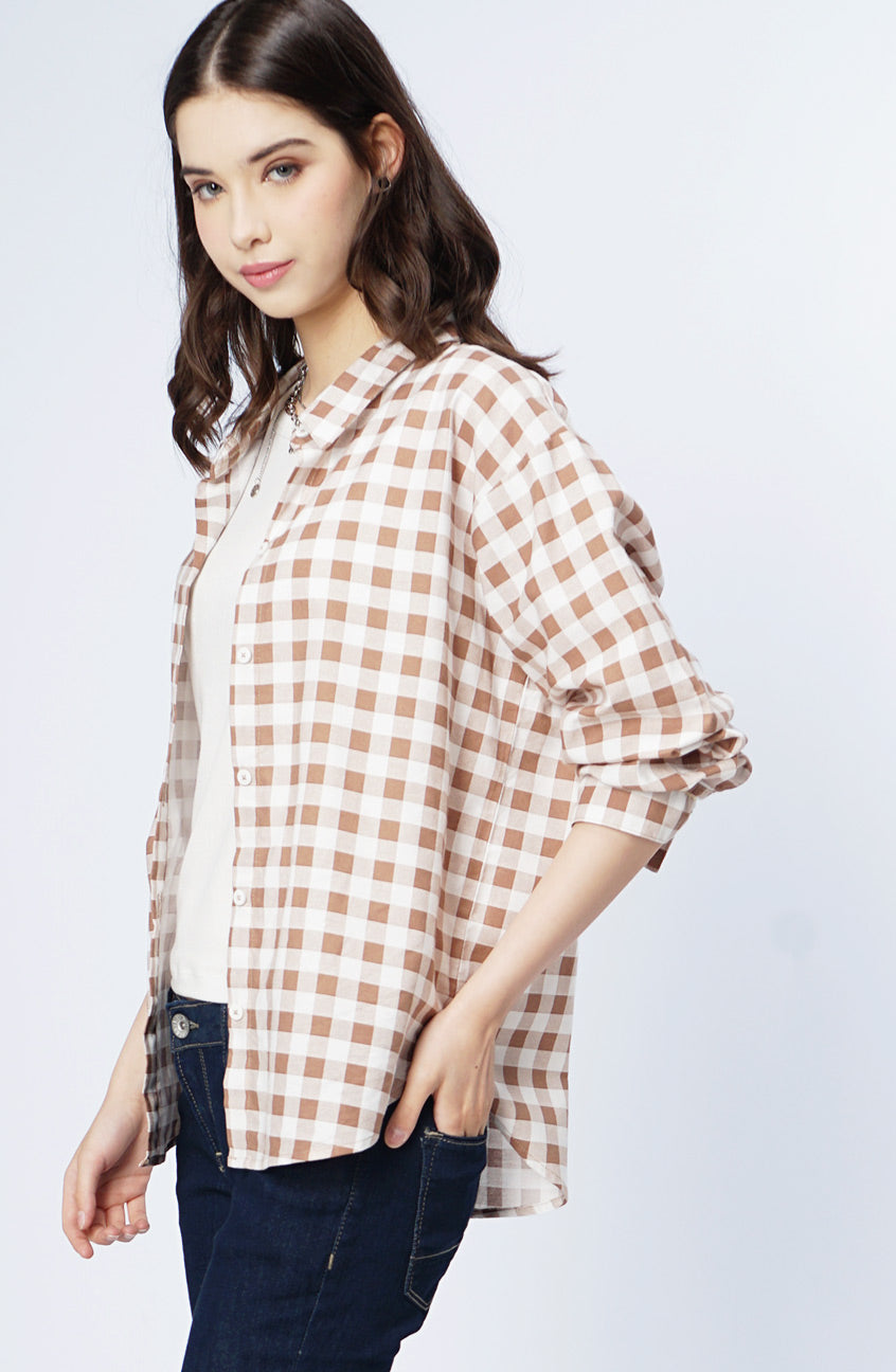 Kemeja Lengan Panjang Chary White Brown