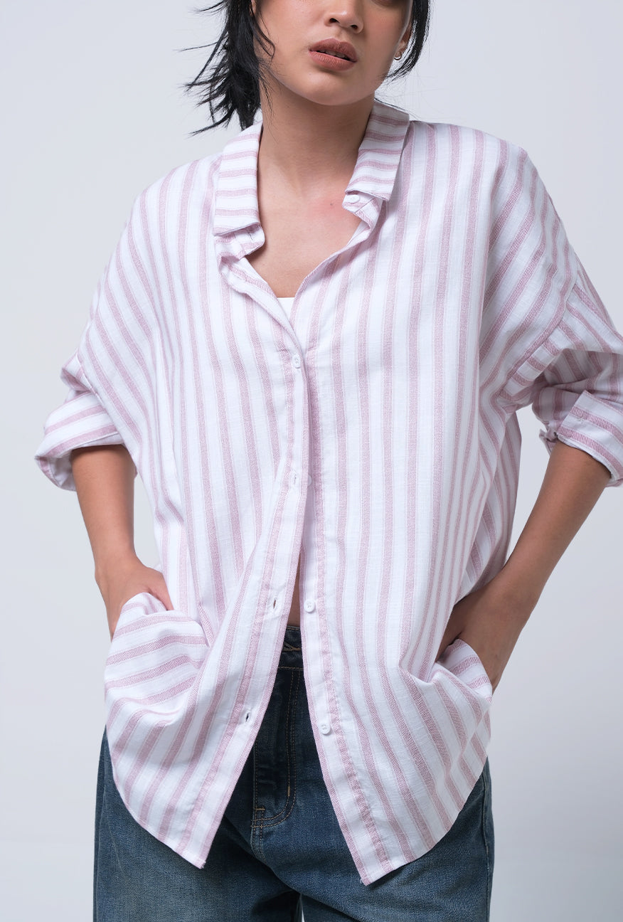 Kemeja Lengan Panjang Pinka Pink White