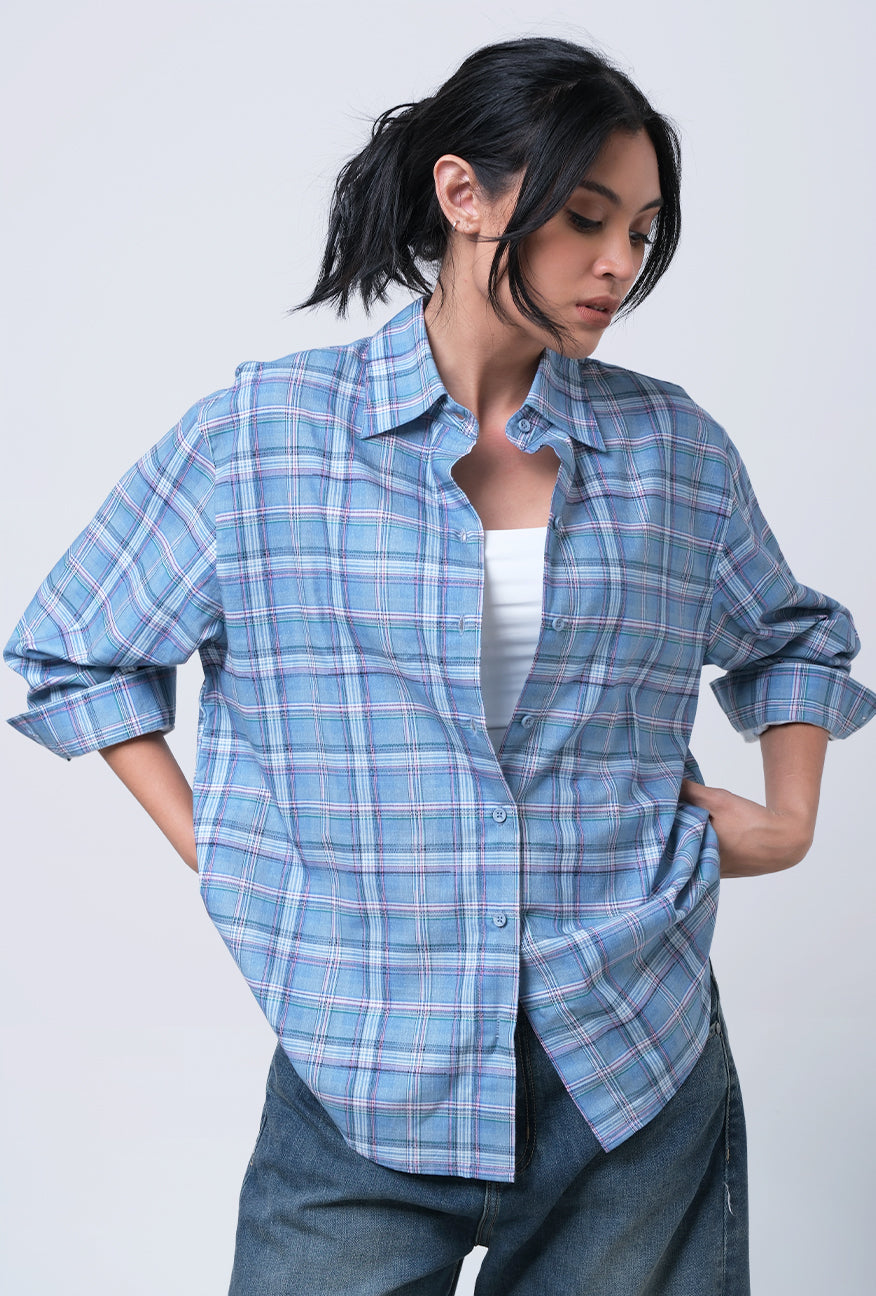 Kemeja Lengan Panjang Tabitha Blue Pink