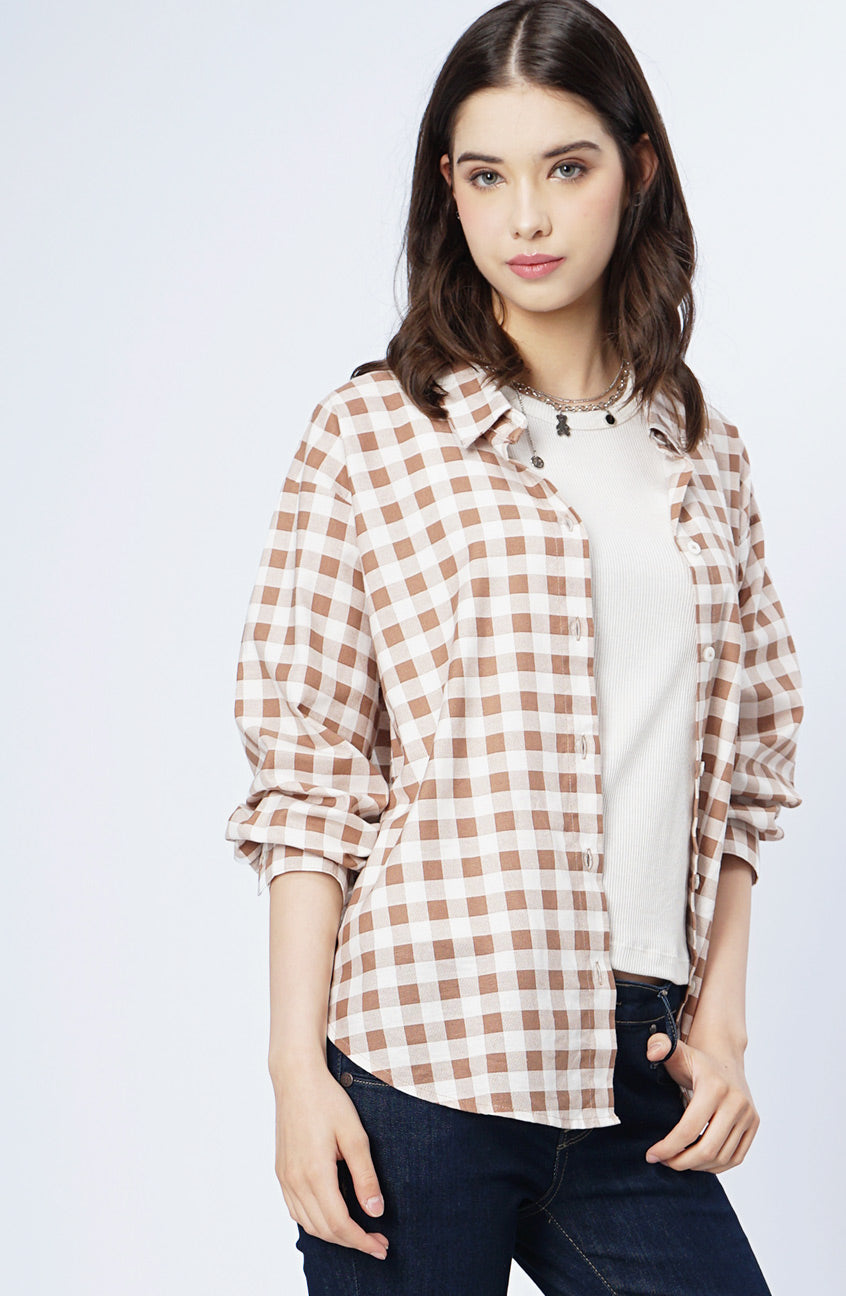Kemeja Lengan Panjang Chary White Brown