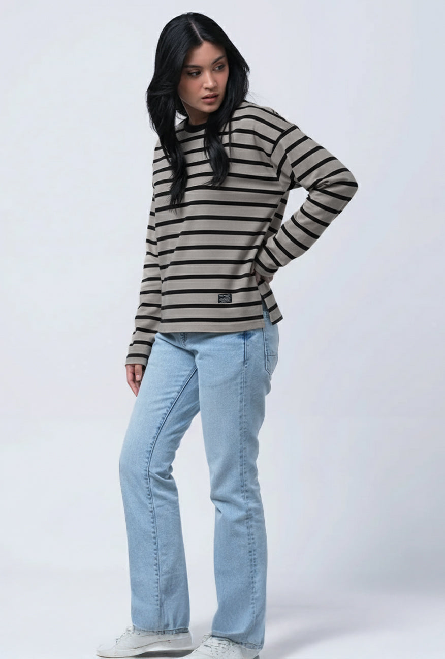 T-Shirt Lengan Panjang Shaz Khaki Black Stripe