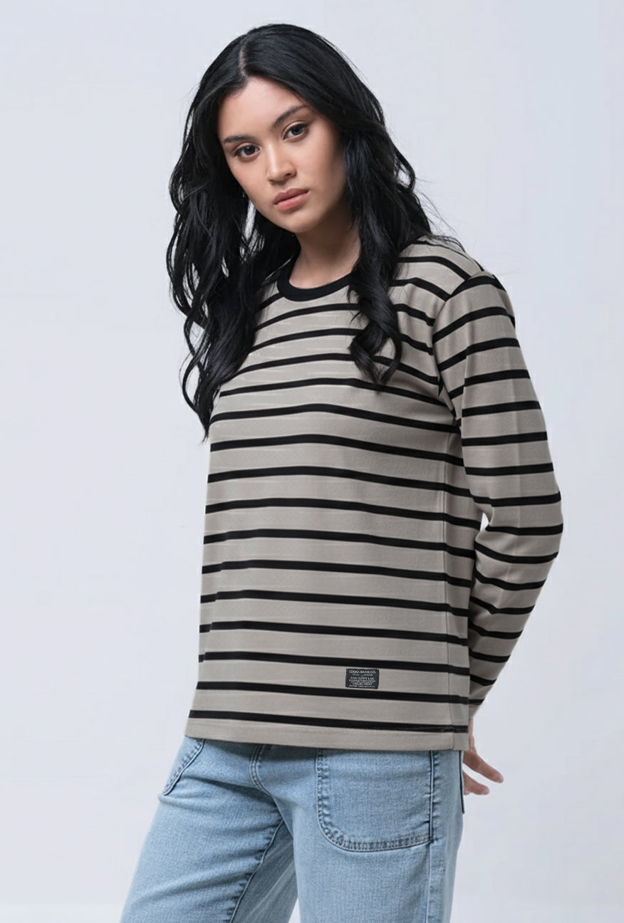 T-Shirt Lengan Panjang Shaz Khaki Black Stripe