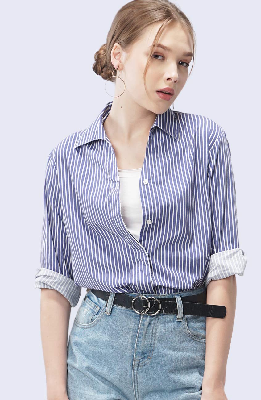 Kemeja Lengan Panjang Nadya Blue White