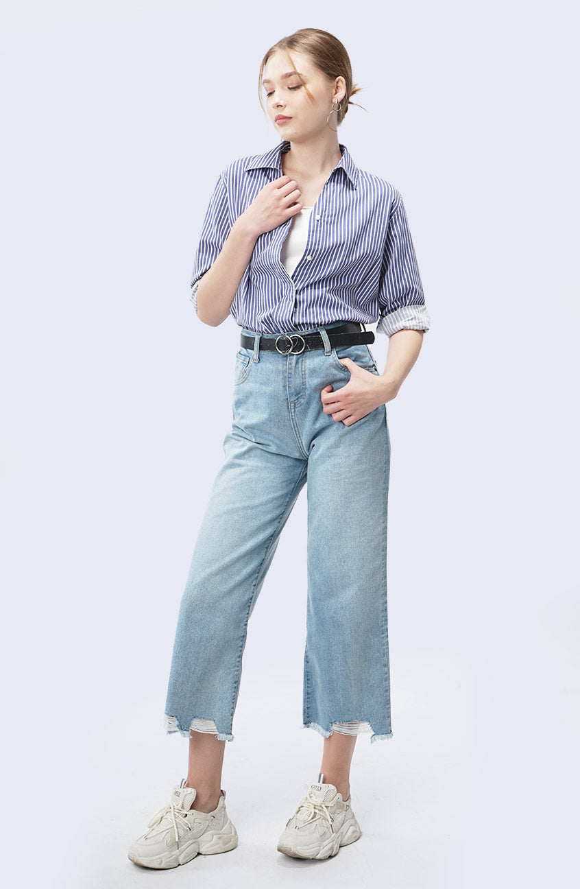 Kemeja Lengan Panjang Nadya Blue White