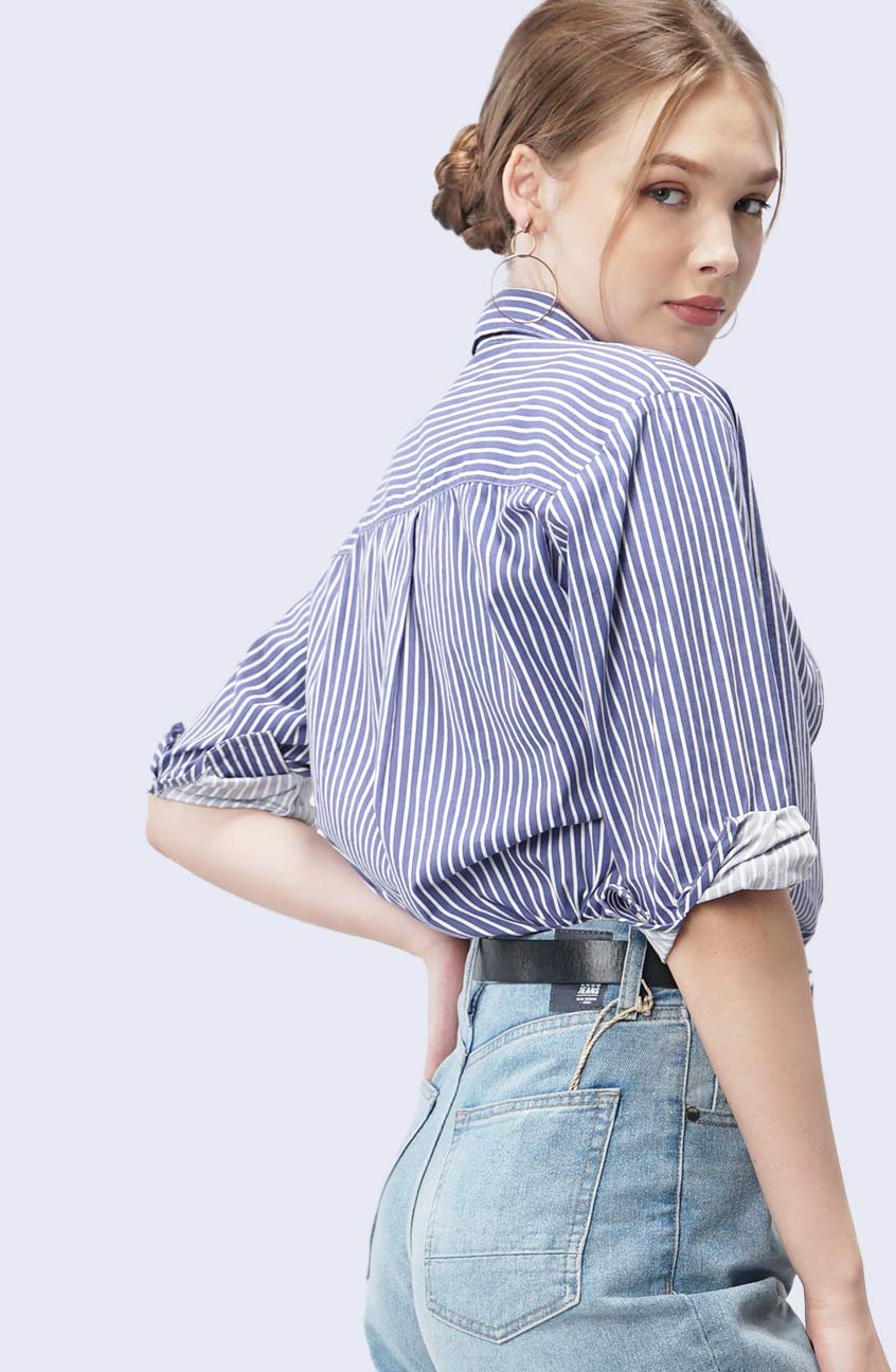 Kemeja Lengan Panjang Nadya Blue White
