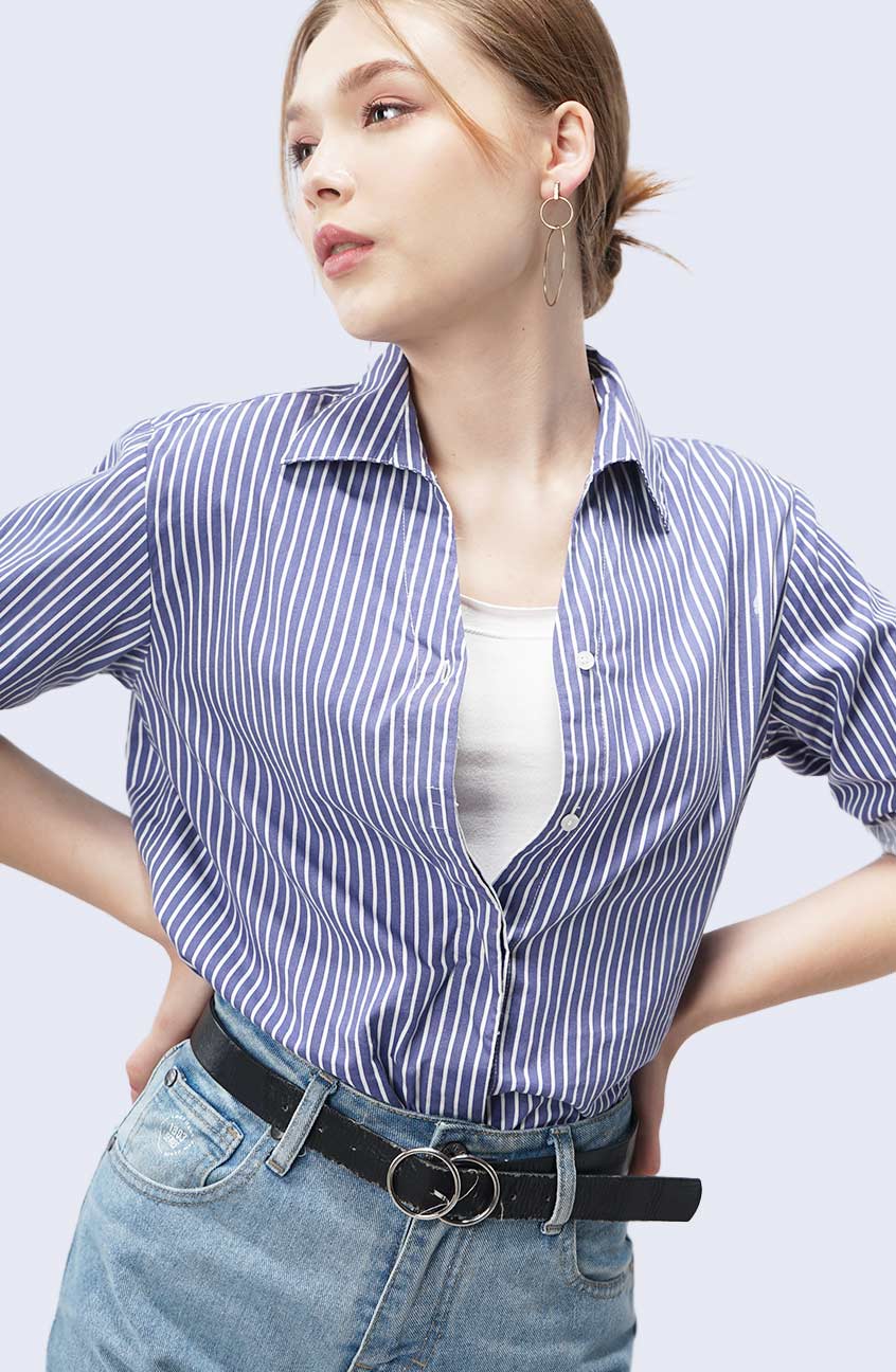 Kemeja Lengan Panjang Nadya Blue White