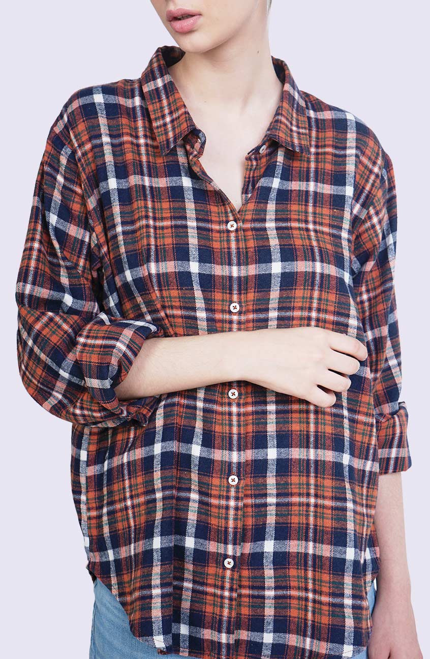 Kemeja Flanel Selly Orange Navy