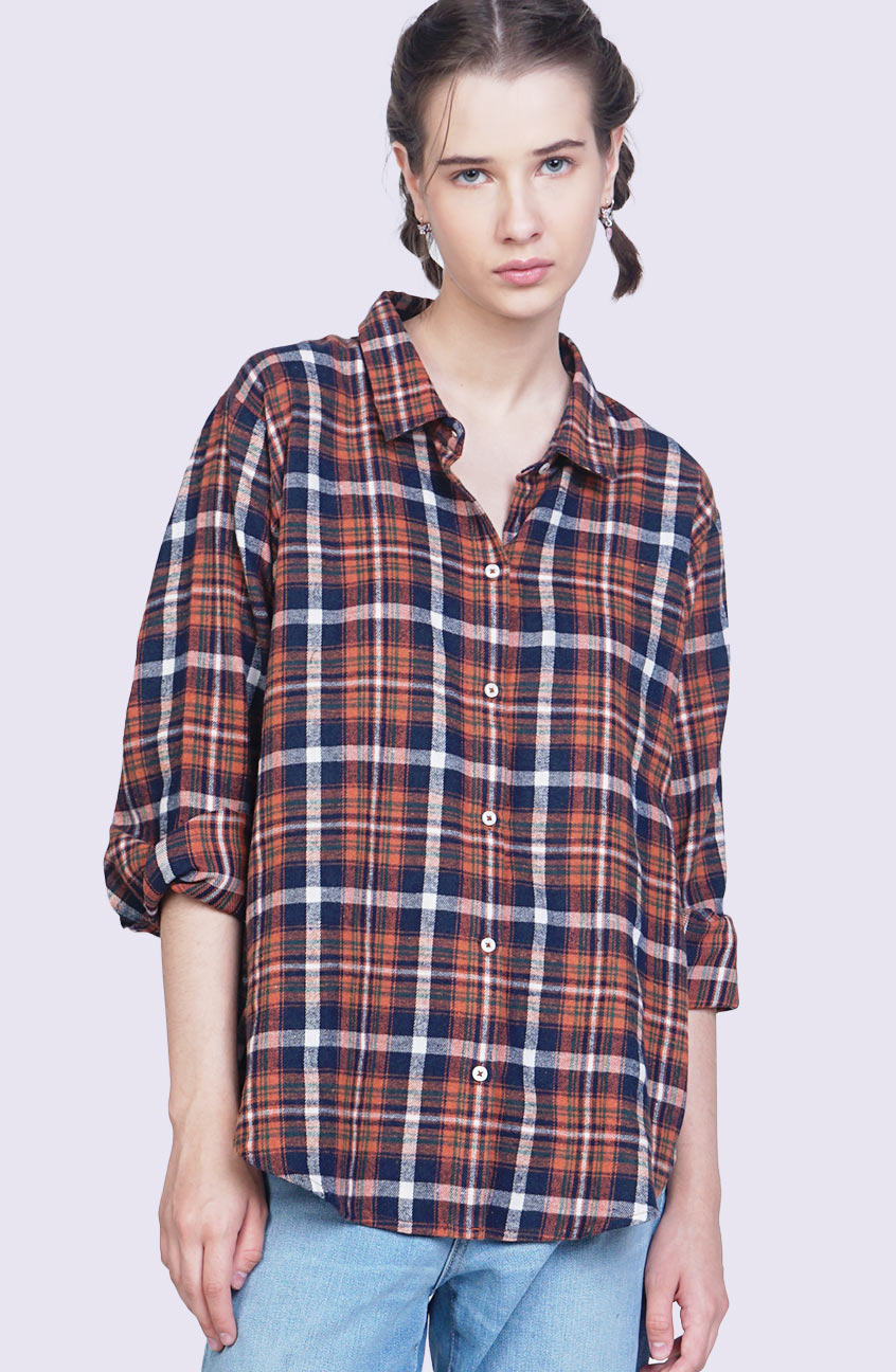 Kemeja Flanel Selly Orange Navy