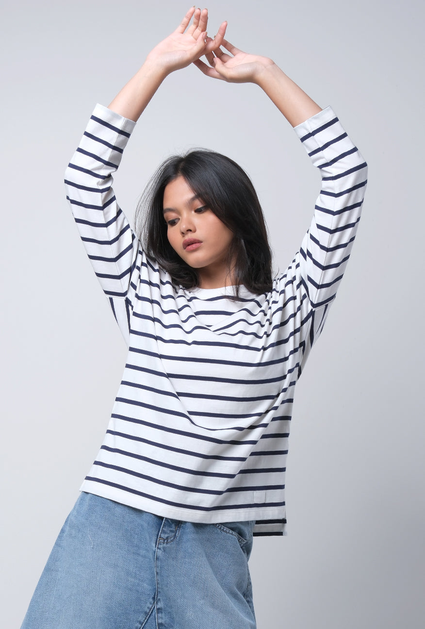 T-Shirt Lengan Panjang Zeela Offwhite Navy Stripe