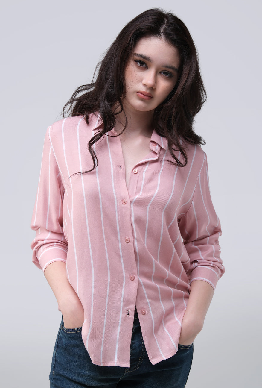 Kemeja Lengan Panjang Tracey Pink White