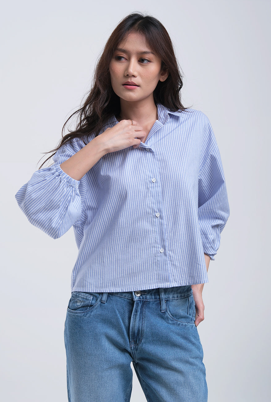 Kemeja Lengan Panjang Shanu Blue White Shirt