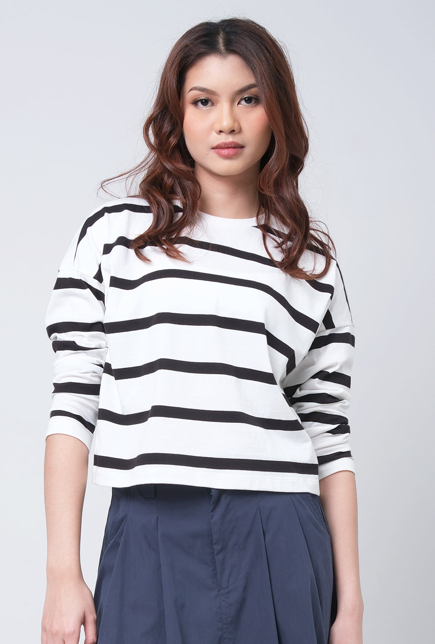 T-Shirt Lengan Panjang Fleur Offwhite Black Stripe