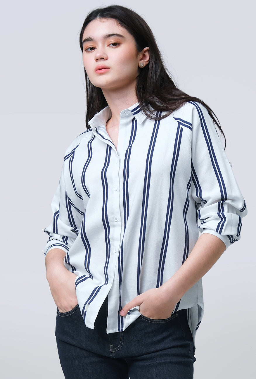 Kemeja Lengan Panjang Lacey White Navy