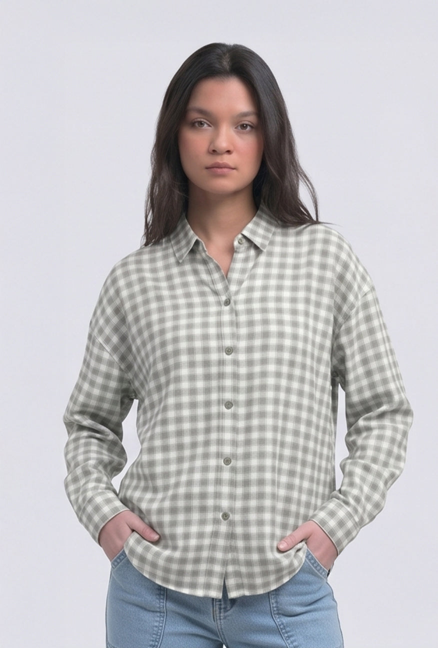 Kemeja Lengan Panjang Olivia White Green