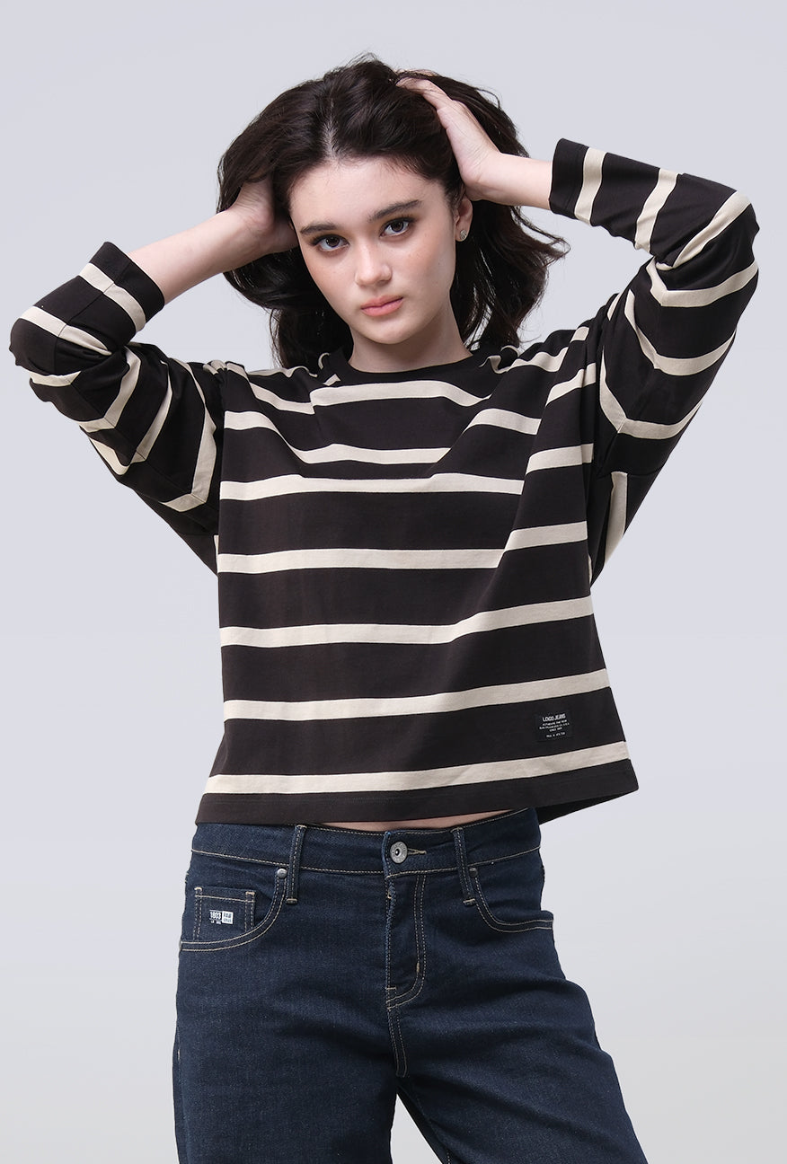 T-Shirt Lengan Panjang Zeva Black Beige Stripe