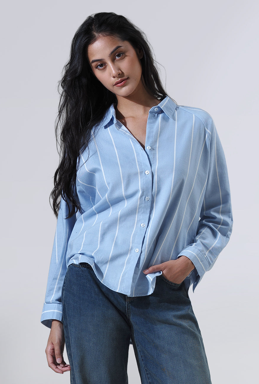 Kemeja Lengan Panjang Lycka Blue White
