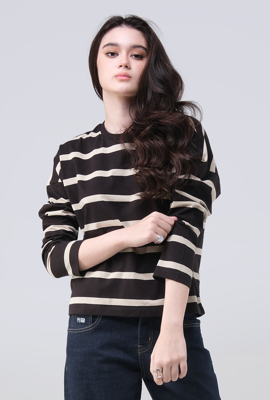 T-Shirt Lengan Panjang Zeva Black Beige Stripe