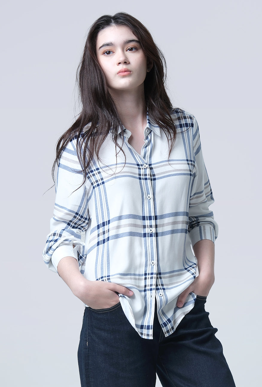 Kemeja Lengan Panjang Mara White Blue