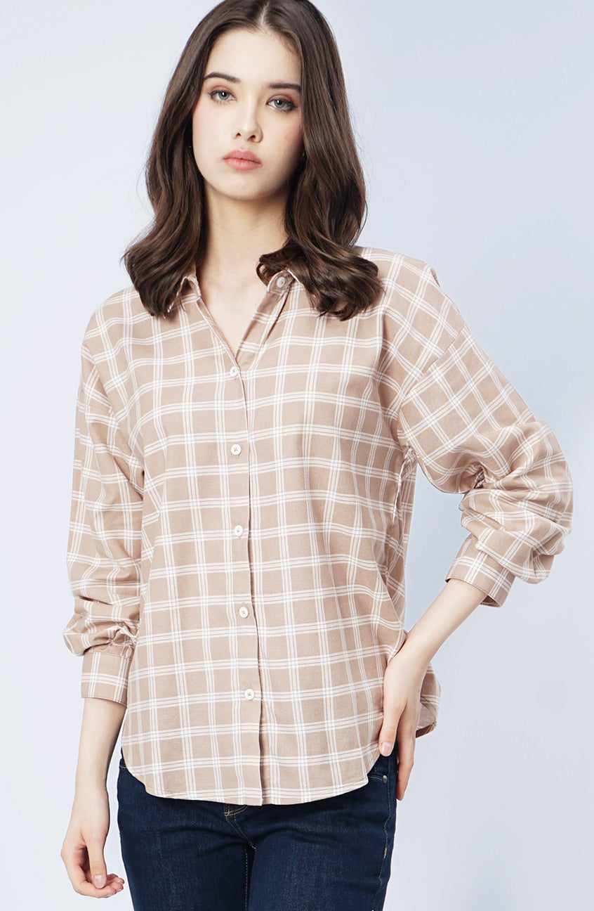Kemeja Lengan Panjang Evie Khaki White