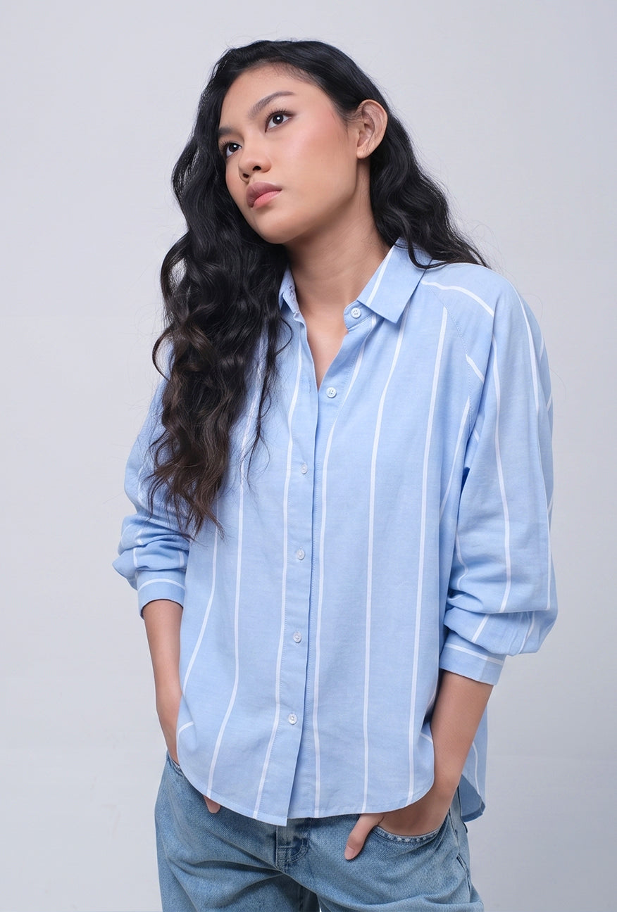 Kemeja Lengan Panjang Lycka Blue White