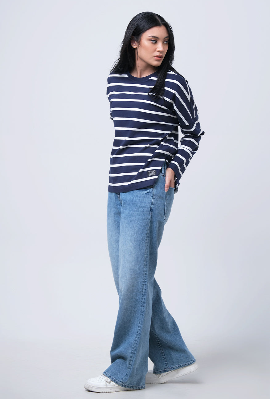 T-Shirt Lengan Panjang Chandie Navy white Stripe