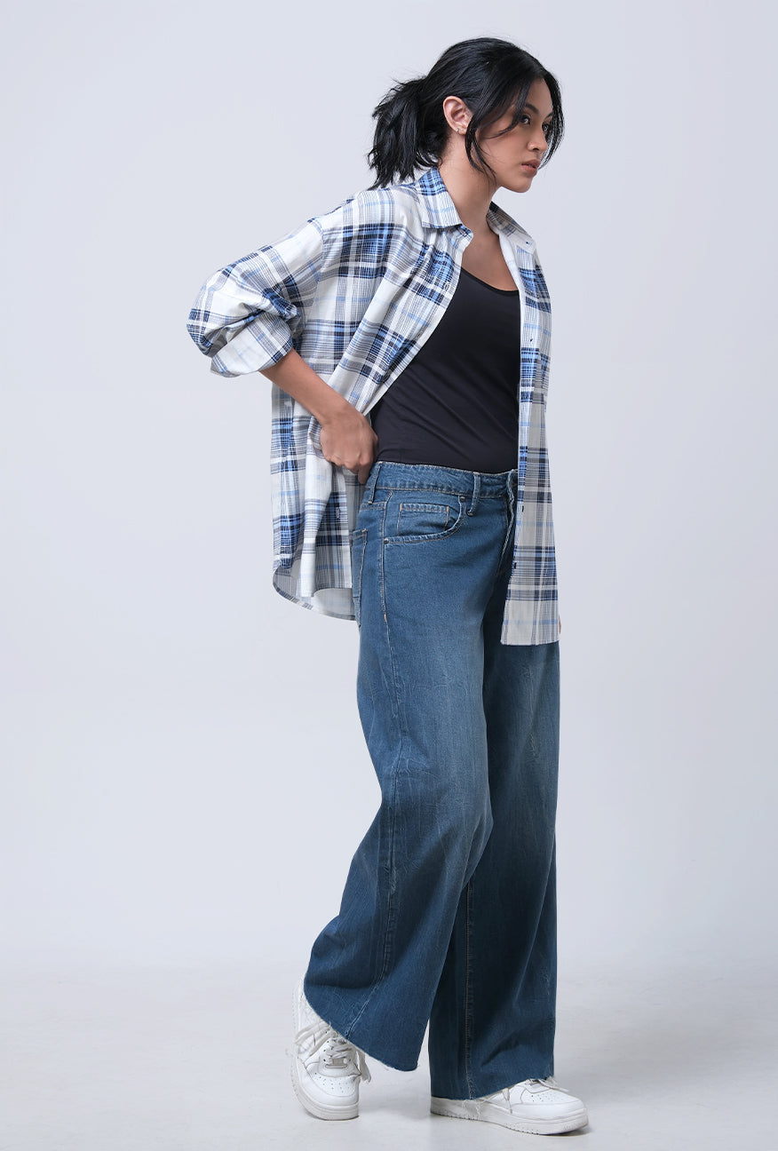 Kemeja Lengan Panjang Agnetha White Blue