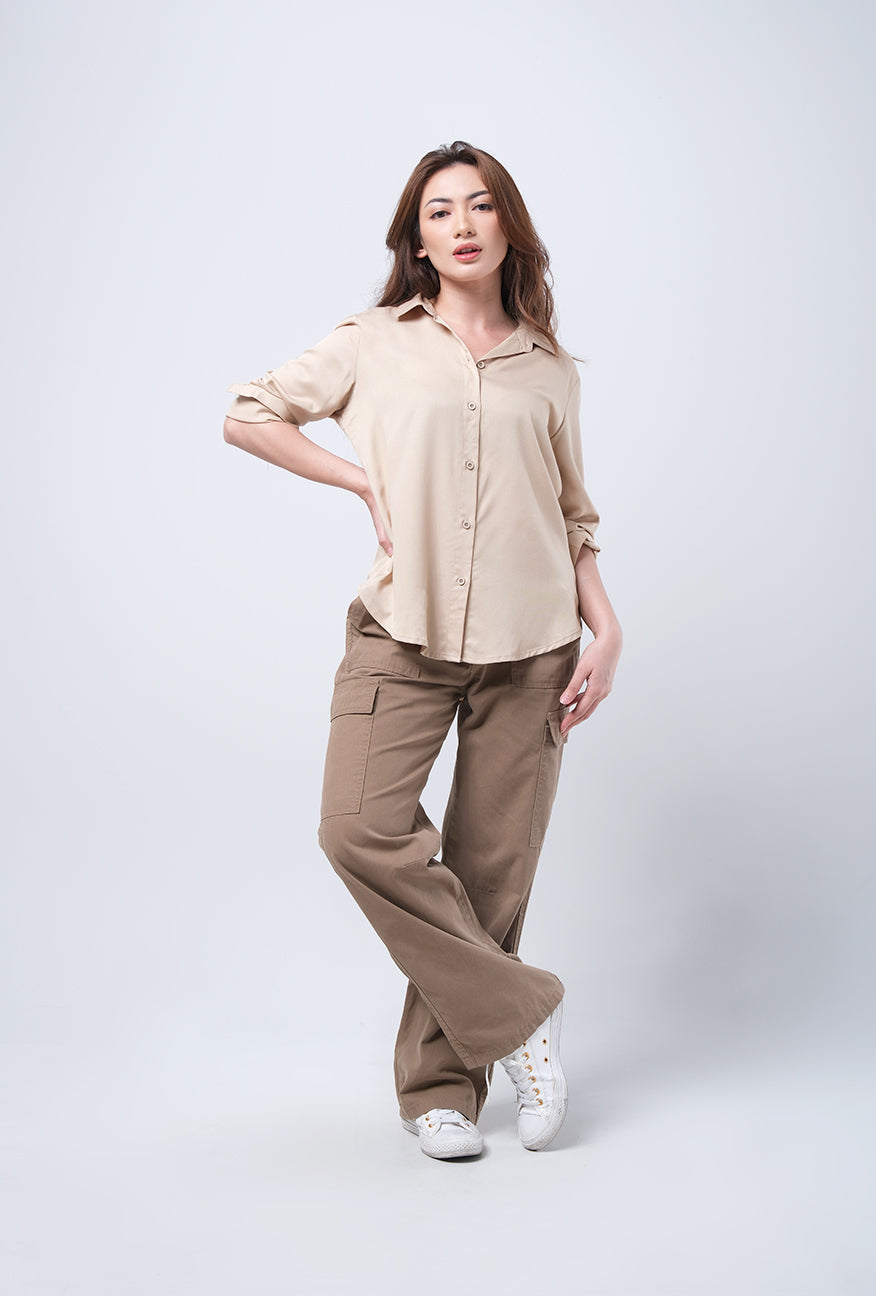 Kemeja Lengan Panjang Claudia Khaki