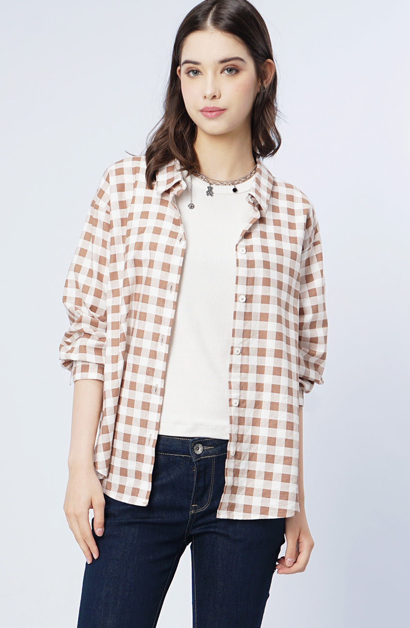 Kemeja Lengan Panjang Chary White Brown
