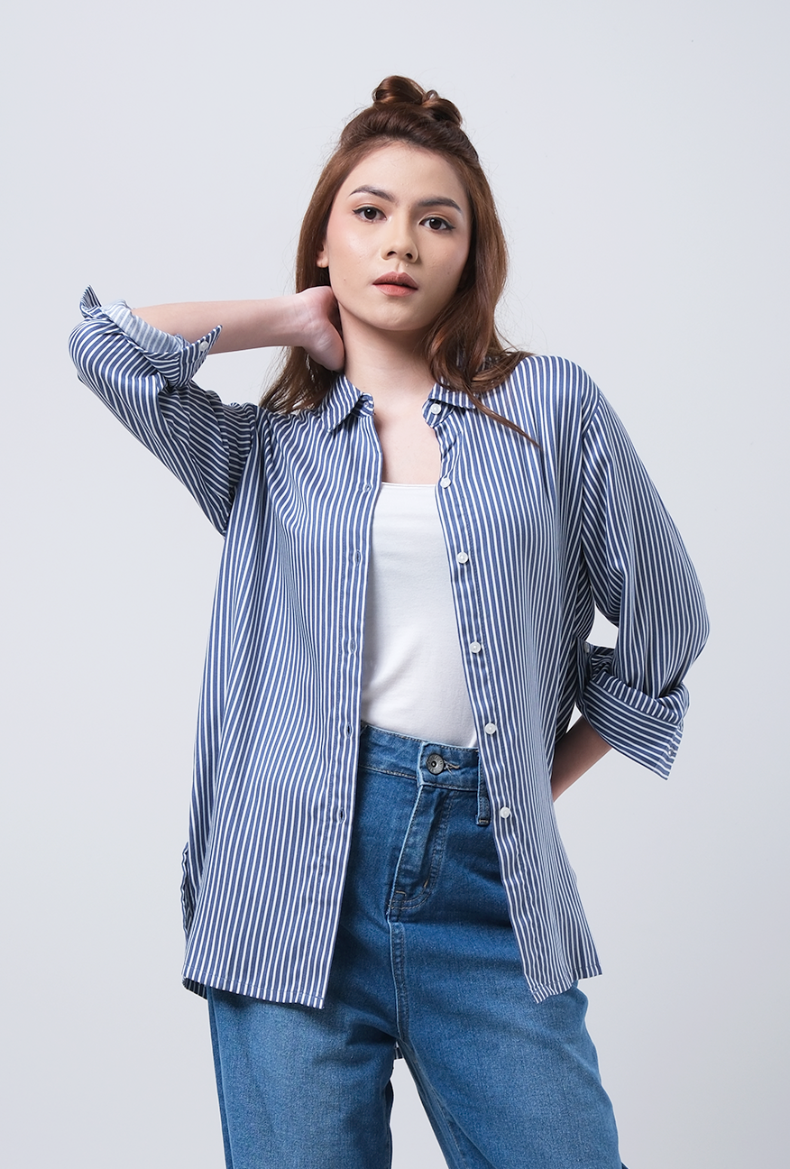 Kemeja Lengan Panjang Ziva Navy White