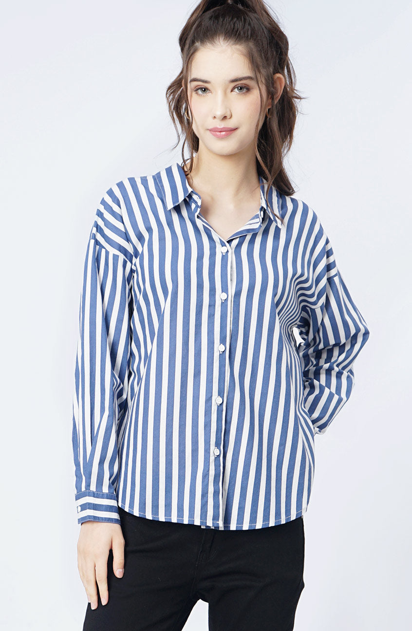 Kemeja Lengan Panjang Cynthia White Blue