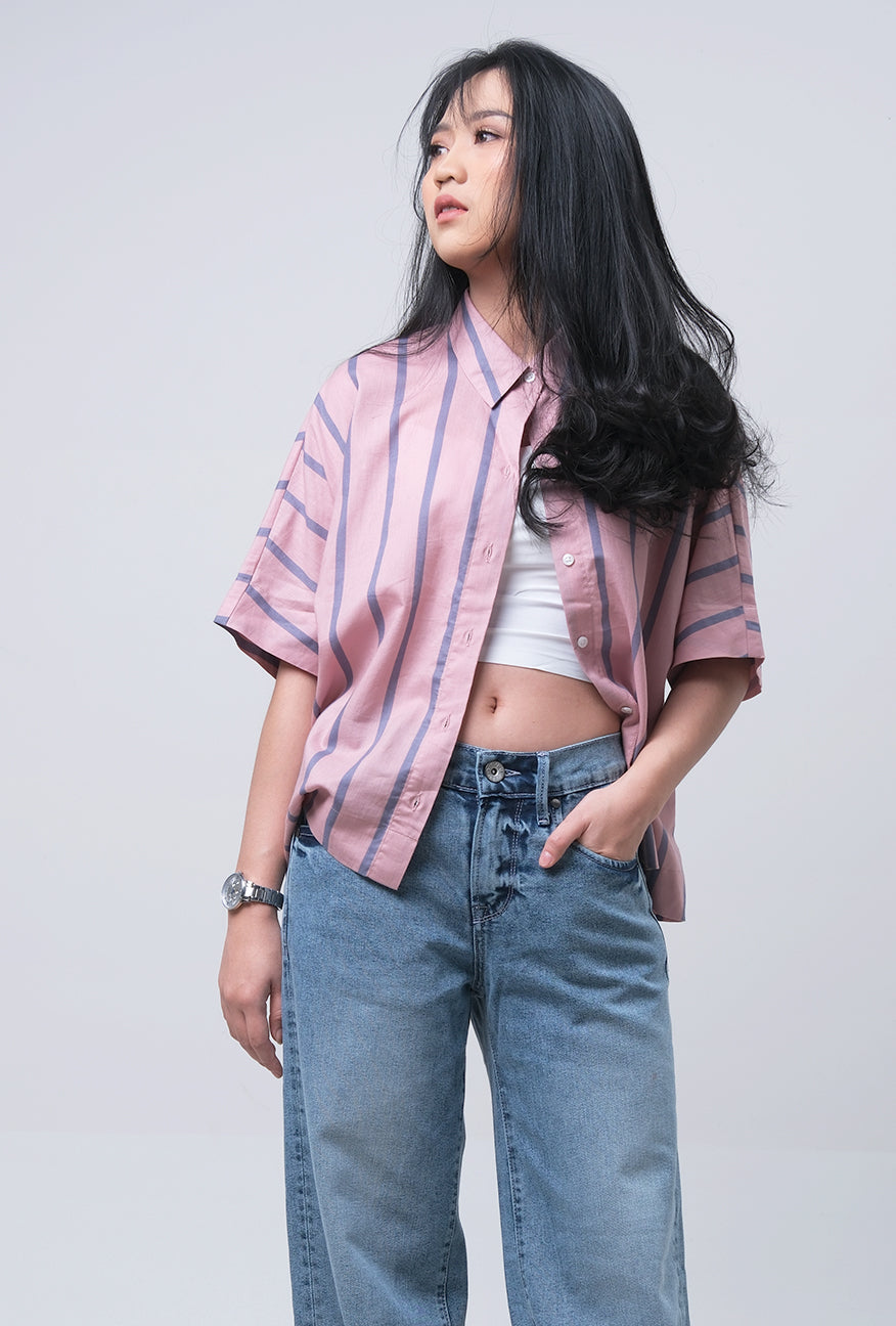Kemeja Lengan Pendek Leia Pink Grey