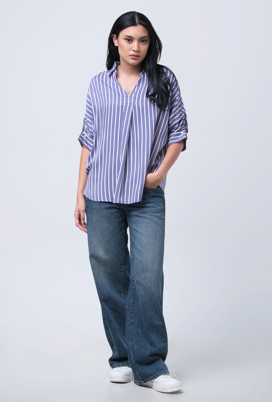 Kemeja Lengan Pendek Ellen Navy White