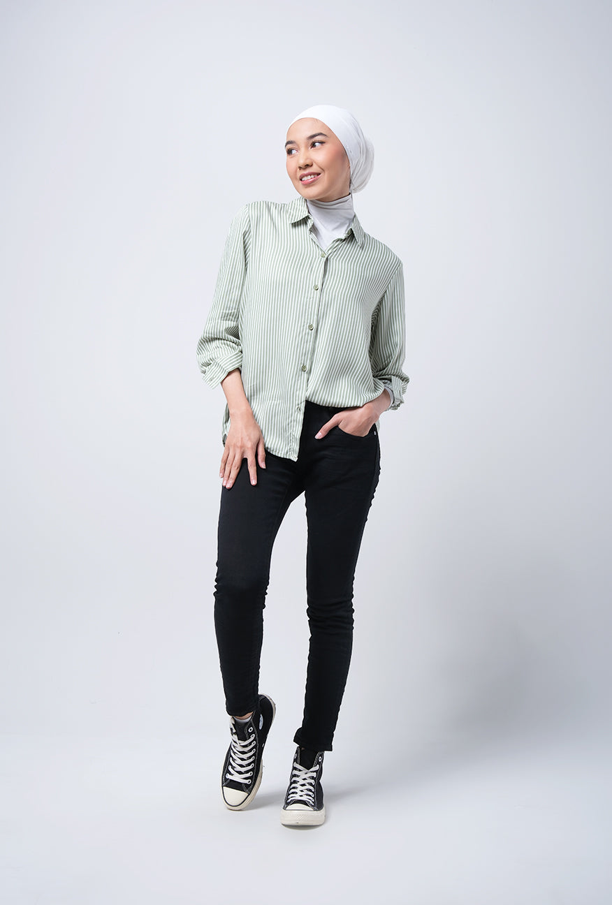 Kemeja Lengan Panjang Vivi White Green