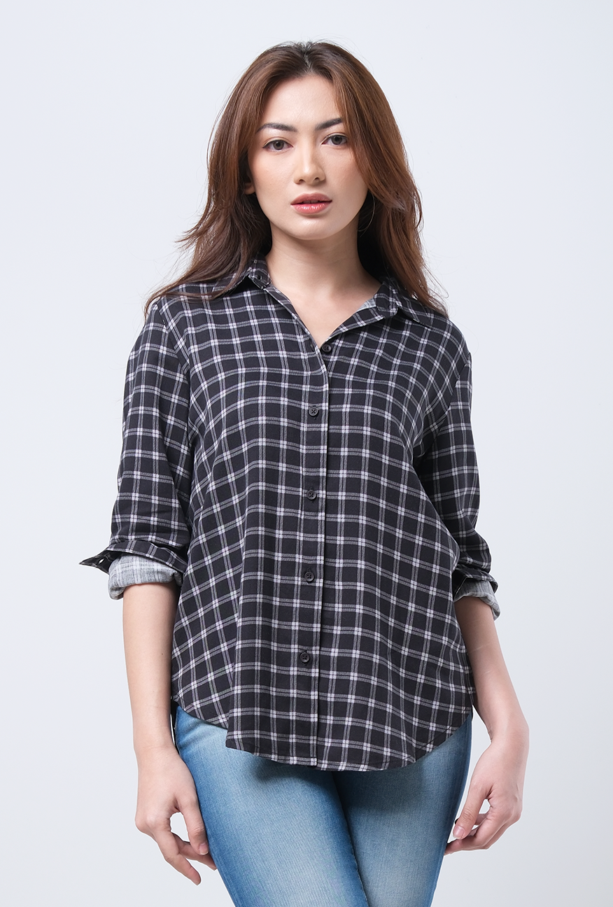 Kemeja Lengan Panjang Enzy Black Grey