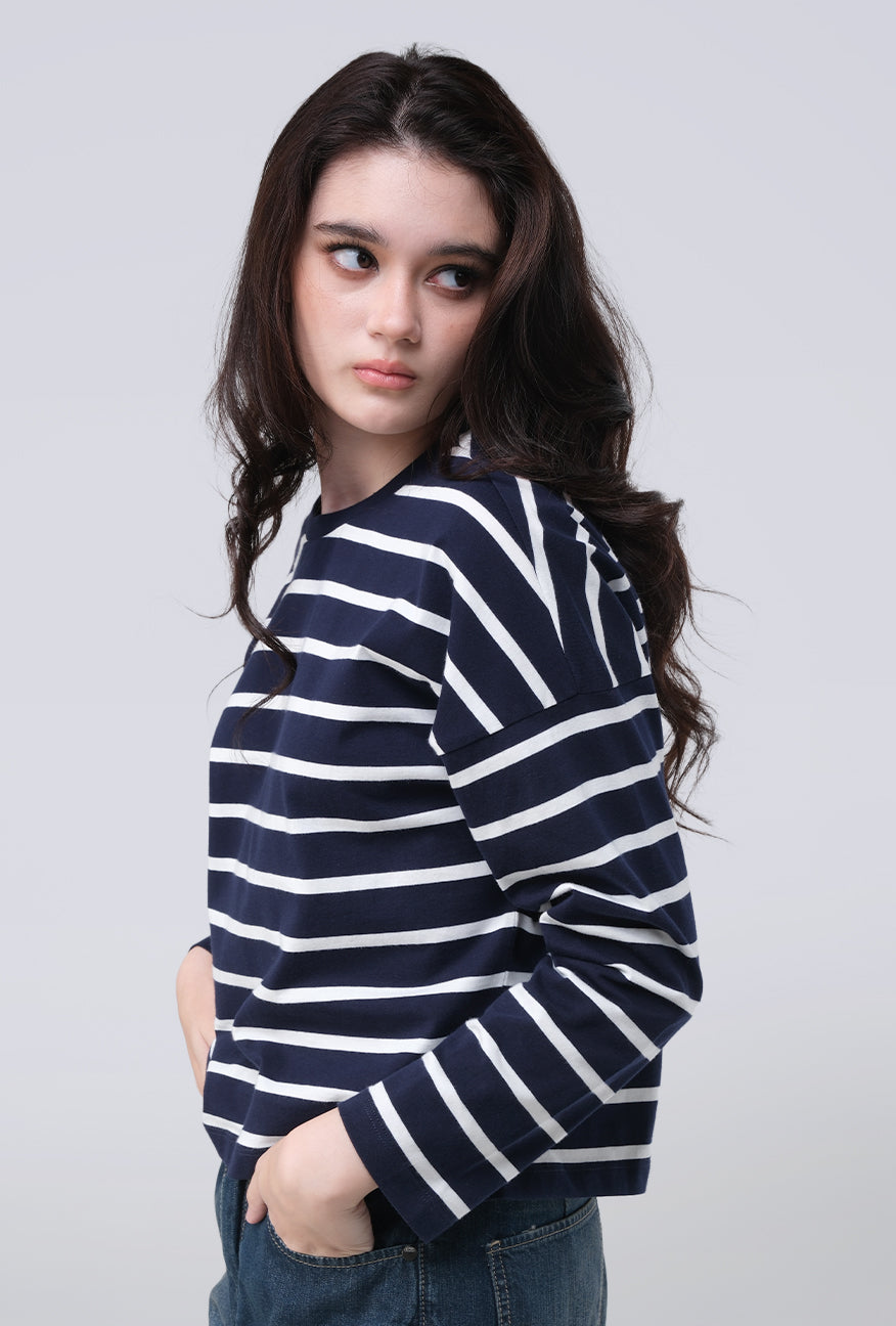 T-Shirt Lengan Panjang Grecila Navy White Stripe