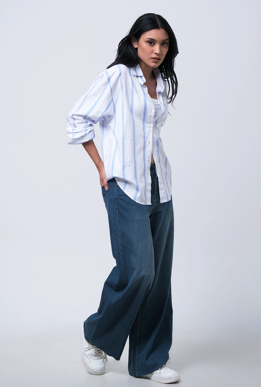 Kemeja Lengan Panjang Juanna White Blue