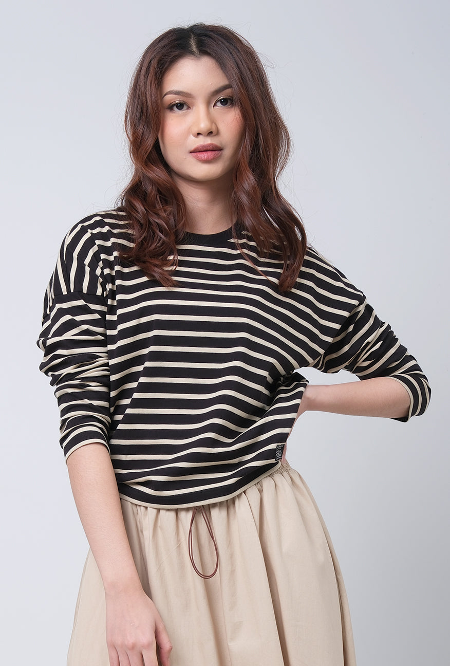 T-shirt Lengan Panjang Elsie Black Cream Stripe