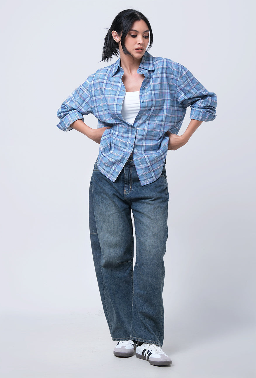 Kemeja Lengan Panjang Tabitha Blue Pink