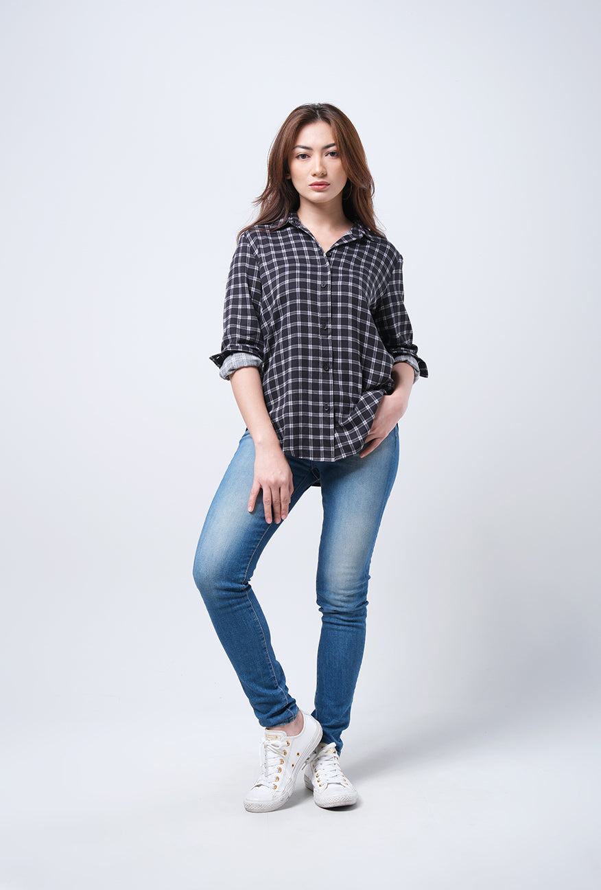 Kemeja Lengan Panjang Enzy Black Grey
