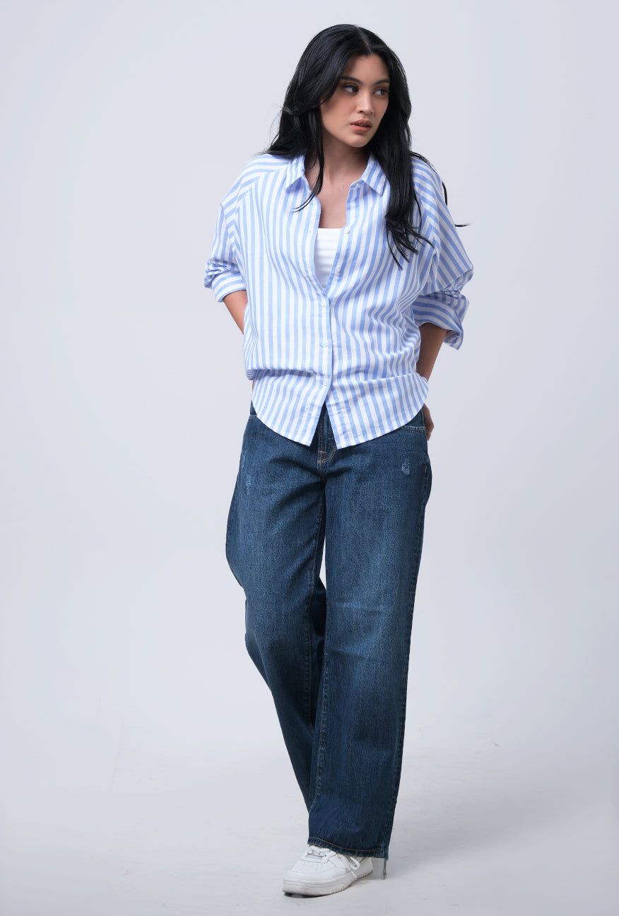 Kemeja Lengan Panjang Elmavyna White Blue