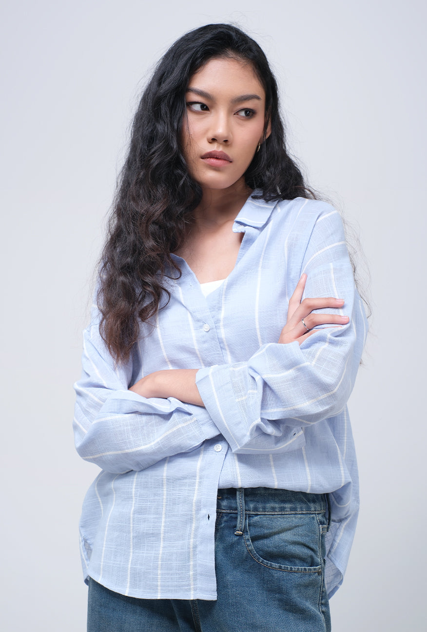 Kemeja Lengan Panjang Grace Blue White