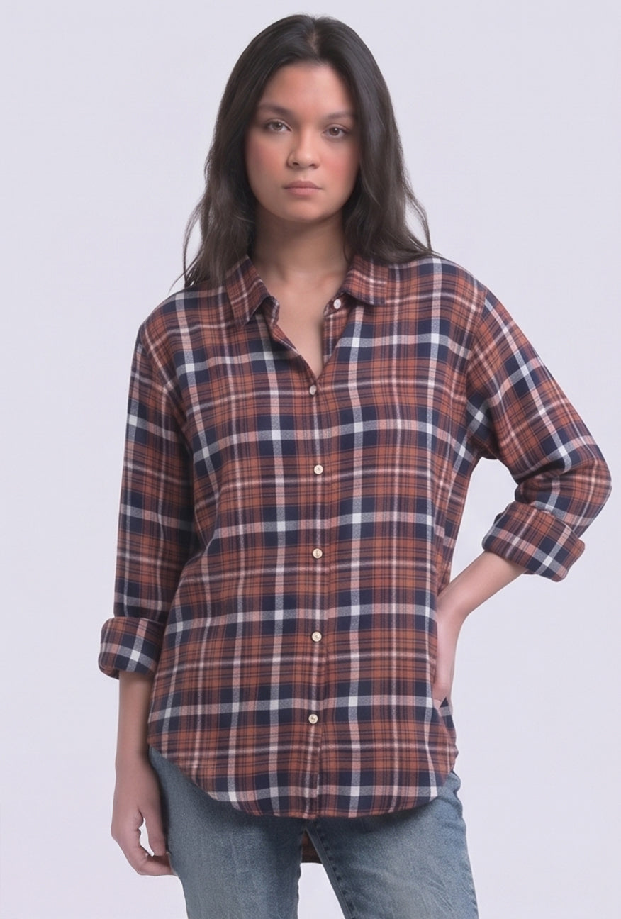 Kemeja Flanel Selly Orange Navy