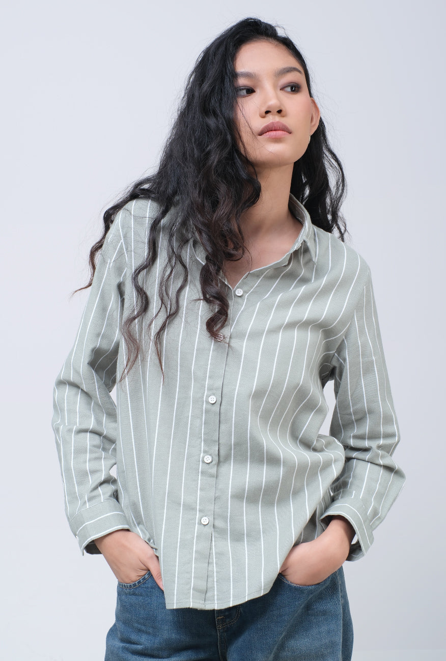 Kemeja Lengan Panjang Valja Green Offwhite