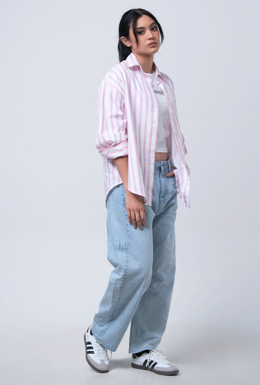 Kemeja Lengan Panjang Lenka Pink White