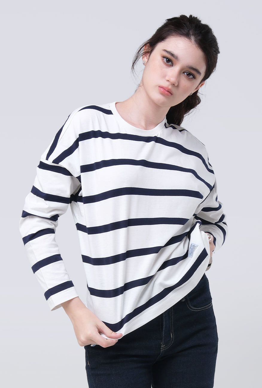 T-Shirt Lengan Panjang Sena White Navy Stripe