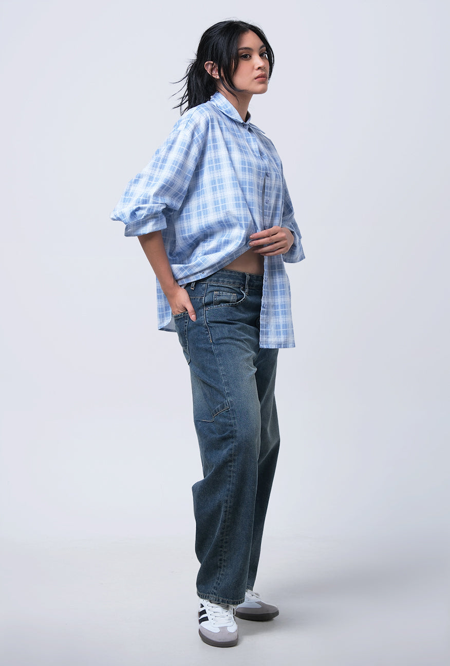 Kemeja Lengan Panjang Thinesa Blue White